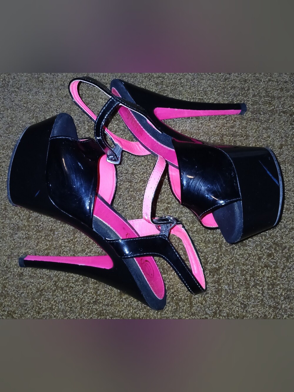 Pre-loved Black and Hot Pink Pleaser Platform Stiletto Heels.